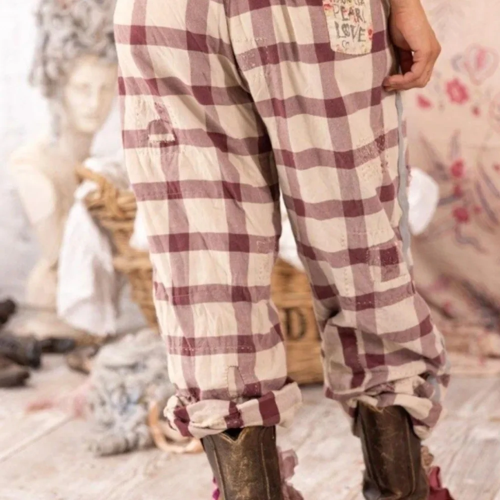 Magnolia Pearl RIC RAC Checkered Patchwork Trousers in Cream and Red NWT O/S - Picture 5 of 5